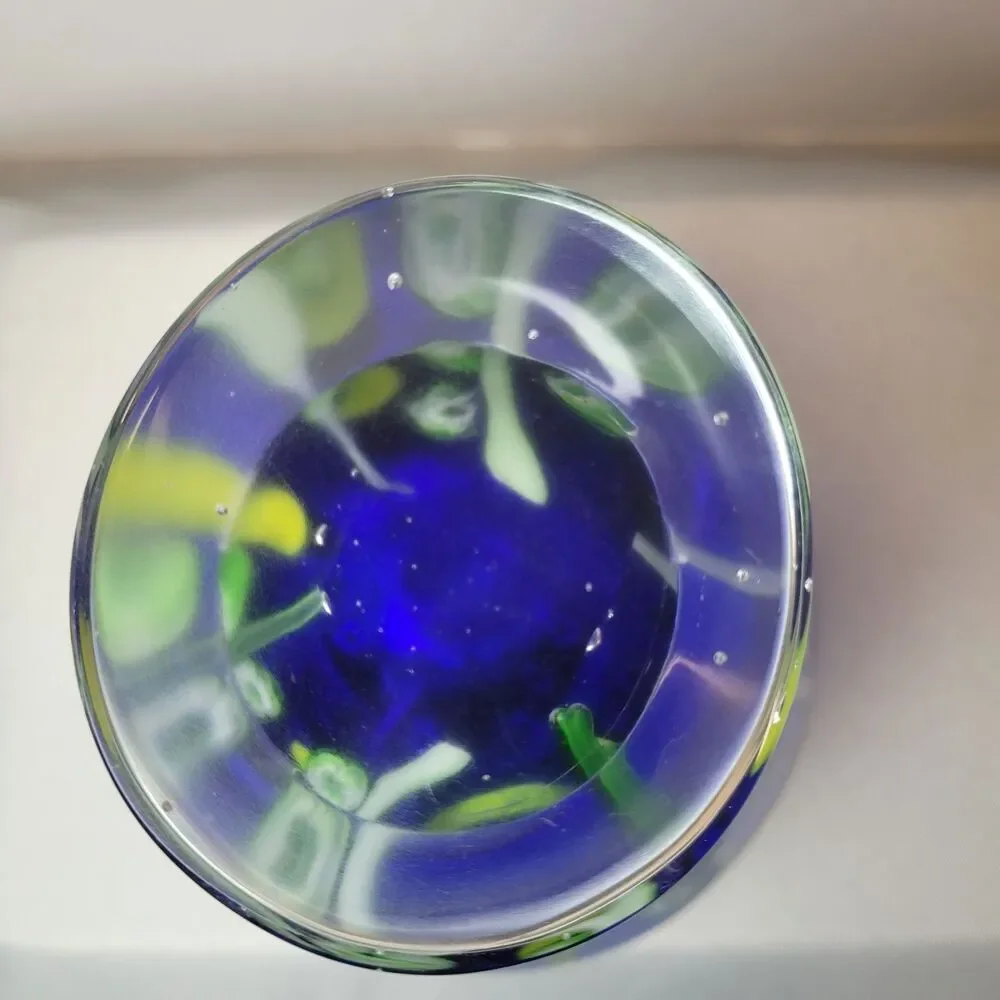 Kusak Art Glass Paperweight Pedestal Vase Cobalt Blue with Cased Flowers 5.5”